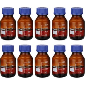 PATIKIL 10 Pack Reagent Media Storage Bottles, 50ml Borosilicate Glass Graduated Round Bottles with GL32 Blue Screw Cap for Lab Water Reagent Liquids, Amber