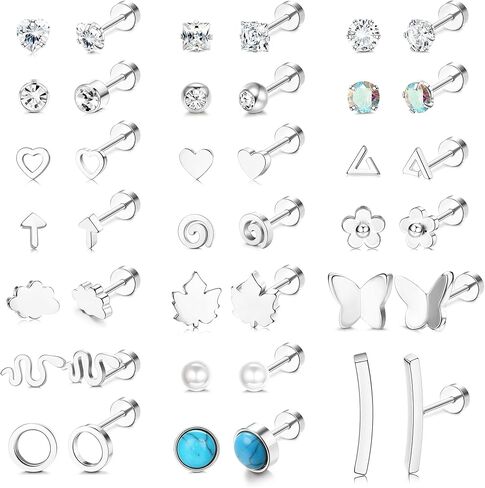 Ubjuliwa 20 Pairs 20G Surgical Steel Stud Earrings Set for Women Men Hypoallergenic Flatback Earrings Piercing Jewelry Star Moon flower Heart Leaf Opal Cartilage Earrings in Saudi Arabia