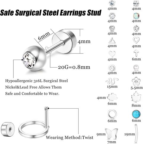 Ubjuliwa 20 Pairs 20G Surgical Steel Stud Earrings Set for Women Men Hypoallergenic Flatback Earrings Piercing Jewelry Star Moon flower Heart Leaf Opal Cartilage Earrings in Saudi Arabia