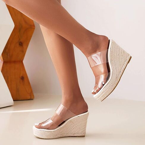 VARECOLA Women Clear Straps Espadrille Platform Wedge Heel Sandals Slide Open Toe Slip On Mule Summer Beach Sandals in Kuwait