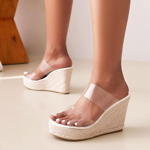 VARECOLA Women Clear Straps Espadrille Platform Wedge Heel Sandals Slide Open Toe Slip On Mule Summer Beach Sandals in Kuwait