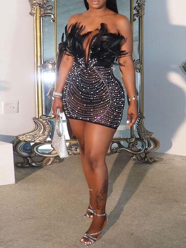 Mojessy Sexy Feather Rhinestone Mini Dress for Women See Through Off Shoulder Bodycon Dresses Event Party Homecoming Purple XS in Saudi Arabia