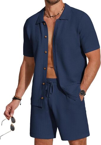 COOFANDY Men's 2 Piece Short Sets Casual Button Down Shirt and Shorts Set Knit Polo Set Vintage Summer Beach Outfits in Saudi Arabia