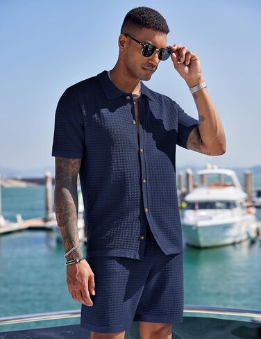 COOFANDY Men's 2 Piece Short Sets Casual Button Down Shirt and Shorts Set Knit Polo Set Vintage Summer Beach Outfits in Saudi Arabia