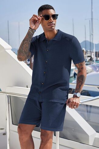 COOFANDY Men's 2 Piece Short Sets Casual Button Down Shirt and Shorts Set Knit Polo Set Vintage Summer Beach Outfits in Saudi Arabia