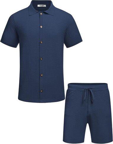 COOFANDY Men's 2 Piece Short Sets Casual Button Down Shirt and Shorts Set Knit Polo Set Vintage Summer Beach Outfits in Saudi Arabia