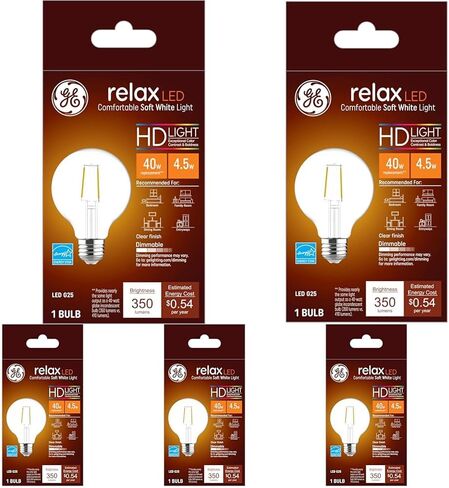 لمبات إضاءة LED ريلاكس من GE، 40 وات، أبيض ناعم، لمبات G25 Globe، شفافة، قاعدة متوسطة (عبوتان) in Kuwait