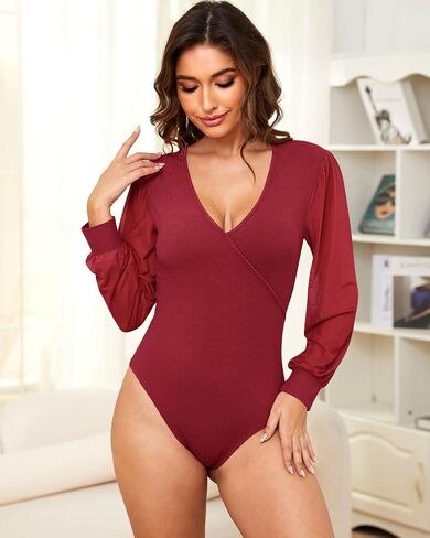 VELYROAK Mesh Long Sleeve Ribbed Knit Bodysuit for Women V Neck Body Suit Women's Slimming Soft Stretch Slim Fit Going Out Casual Tops in Saudi Arabia