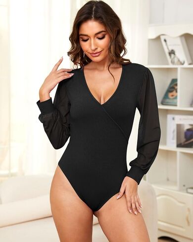 VELYROAK Mesh Long Sleeve Ribbed Knit Bodysuit for Women V Neck Body Suit Women's Slimming Soft Stretch Slim Fit Going Out Casual Tops in Saudi Arabia