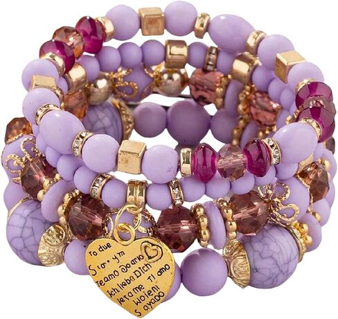 Pingyongchang Stackable Beaded Bracelets for Women Girl Multi-Layer Mixed Color Beaded Stretch Bracelet Crystal Stone Heart Letter Gold Charm Gemstone Bangles for Women Men Boho Summer Beach Jewelry in Saudi Arabia