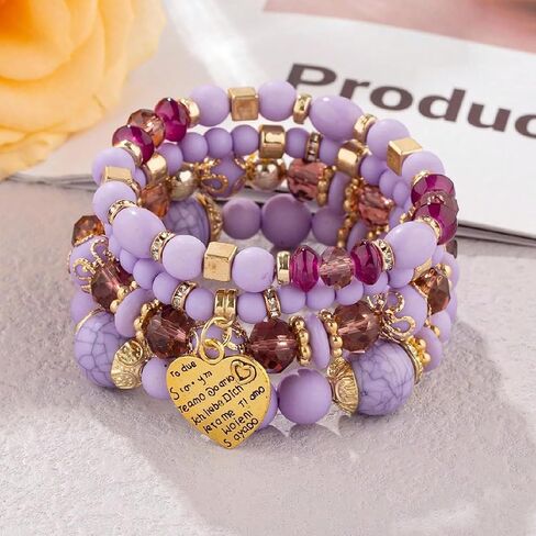 Pingyongchang Stackable Beaded Bracelets for Women Girl Multi-Layer Mixed Color Beaded Stretch Bracelet Crystal Stone Heart Letter Gold Charm Gemstone Bangles for Women Men Boho Summer Beach Jewelry in Saudi Arabia
