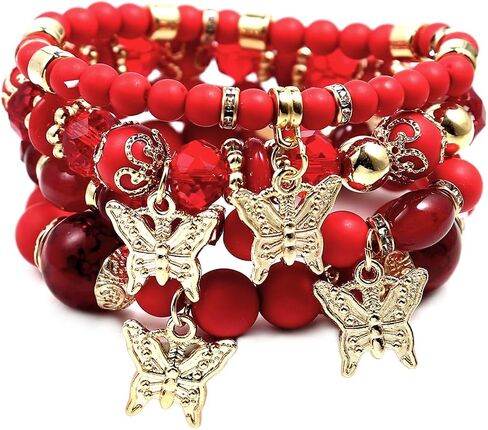 Pingyongchang Stackable Beaded Bracelets for Women Girl Multi-Layer Mixed Color Beaded Stretch Bracelet Crystal Stone Heart Letter Gold Charm Gemstone Bangles for Women Men Boho Summer Beach Jewelry in Saudi Arabia