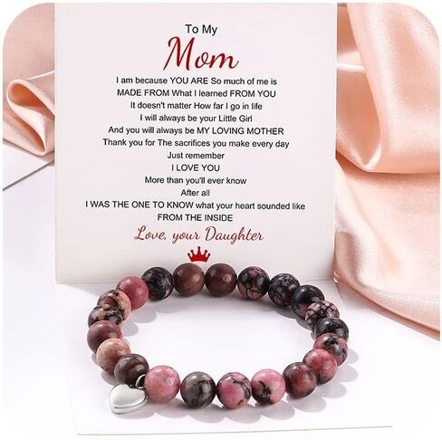 Gifts for Mom Natural Stone Bracelet for Women Mom Mother in Law Heart Charm Agate Bead Bracelets Gifts for Mothers Day Birthday Anniversary Christmas in Saudi Arabia