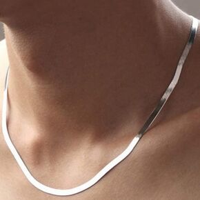DOCCESTU 925 Sterling Silver Flat Herringbone Chain Necklace Men's and Women's Flat Snake Chain Necklace Silk Flat high Polish Chain Necklace Hypoallergenic Exquisite Collar (18in)