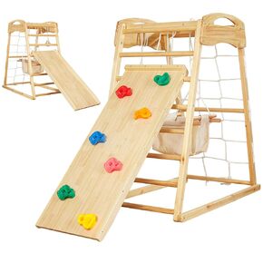 FUNLIO 8-in-1 Wood Indoor Playground for Kids 3-8 Years, Larger & Heavier Climbing Toys with Solid Pine, Indoor Gym for Kids with Swing/Slide/Climbing Rock/Net/2 Ladders/Monkey Bars/Gymnastic Rings