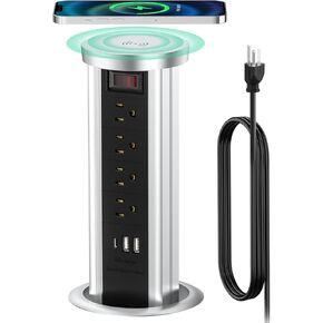QBA Pop Up Power Outlet USB C، محطة شحن مجوفة مخرج تلقائي منبثق 4 منافذ USB وشاحن لاسلكي 15 وات، يناسب فتحة 4 بوصة، 12 منفذًا لطاولة مؤتمرات سطح المطبخ، أسود