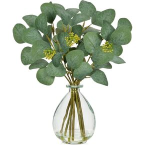 DILATATA Artificial Eucalyptus Stems in Glass Vase with Faux Water, 13" Fake Plant Eucalyptus Leaves Greenery for Table Centerpiece Office Home Decor - Amber