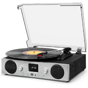 مشغل تسجيل مع 3 سرعات بلوتوث وتسجيل USB وراديو FM ومشغل LP عتيق مع مكبري صوت قرص دوار لسجلات الفينيل يدعم مستقبل بلوتوث RCA Line-out أسود