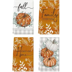 Artoid Mode Orange Buffalo Plaid Polka Dot Pumpkin Fall Kitchen Towels Dish Towels, 18x26 Inch Farmhouse Eucalyptus Leaves Decoration Hand Towels Set of 4