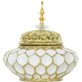 Decorative Ceramic Jar with Lid, Ginger Jar Design, Gold and White, (Large)