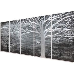 RICHSPACE ARTS 3D Blue Abstract Metal Wall Art Bright Silver Tree Metallic Artwork on Aluminum for Living Room Large Modern Sculpture Decor for Bedroom Entryway