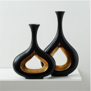 Black Gold Donut Vase Set 2Pcs Decorative Vases for Home Decor Extra Large Matte Black Vases for Decor Living Room Table Entryway Shelf Bookcase Mantel or Fireplace Decorations (Rough Matte)