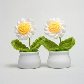 (2 PC) Handmade Cute Mini Potted Crochet Plants, Knitted Potted Plants, Knitted Flower for Car Dash Decoration, Table Decoration, Home Decoration (Forget Me Not White + Pink)