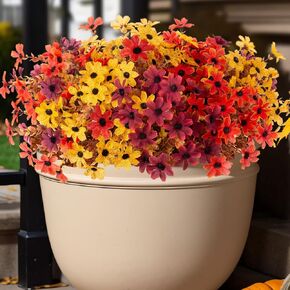 Fall Artificial Fake Flowers Plants Outdoor Decoration, 12 Bundle Faux Silk Colorful Daisy Eucalyptus Realistic UV Resistant for Outside Home Planter Porch Patio Yard Decor(Brown Yellow)
