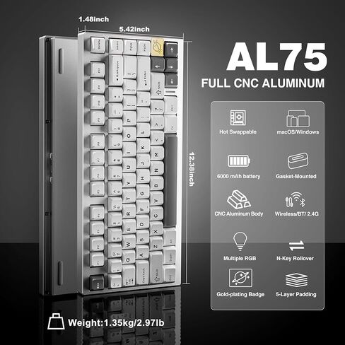 YUNZII AL75 75% لوحة مفاتيح للألعاب، لوحة مفاتيح ميكانيكية لاسلكية من الألومنيوم BT/2.4G/سلكية قابلة للتبديل السريع ولوحة مفاتيح كريمية مسبقة التشحيم، لوحة مفاتيح مخصصة RGB مثبتة على حشية TKL لجهاز Mac/Win (فضي، مفتاح كريم الكاكاو) in Kuwait