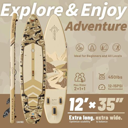 Adventure 12’×35" Extra Wide Paddle Board with Seat, One-Stop Premium SUP Board Accessories, Tailored 5 Fins, Stable Inflatable Stand Up Paddle Boards for Youth/Adults of All Skill Levels in Saudi Arabia