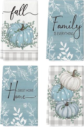 Artoid Mode Orange Buffalo Plaid Polka Dot Pumpkin Fall Kitchen Towels Dish Towels, 18x26 Inch Farmhouse Eucalyptus Leaves Decoration Hand Towels Set of 4 in Saudi Arabia