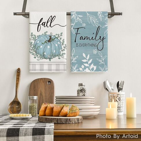 Artoid Mode Orange Buffalo Plaid Polka Dot Pumpkin Fall Kitchen Towels Dish Towels, 18x26 Inch Farmhouse Eucalyptus Leaves Decoration Hand Towels Set of 4 in Saudi Arabia