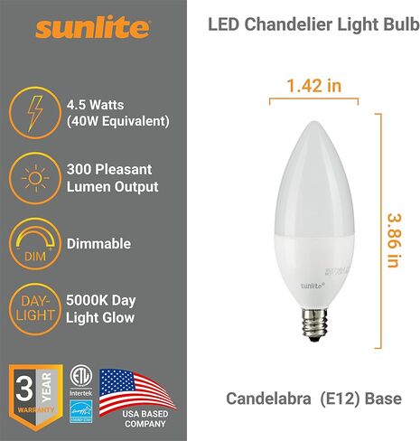 Sunlite 41639 LED B11 Clear Torpedo Tip Chandelier Light Bulb, 4.5 Watts (40W Equivalent) 300 Lumens, Candelabra E12 Base, Dimmable Energy Star and ETL Certified, 5000K Daylight, 6 Count in Kuwait