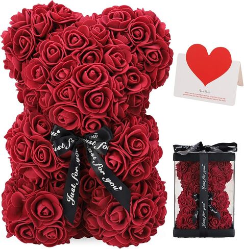 LINKLO Valentines Day Gifts for Her,Rose Bear Rose Teddy Bear -10 inch Artificial Rose Flower Bear, Gift for Valentines Day, Wedding, Mothers Day and Anniversary, Including Transparent Gift Box (Red) in Saudi Arabia