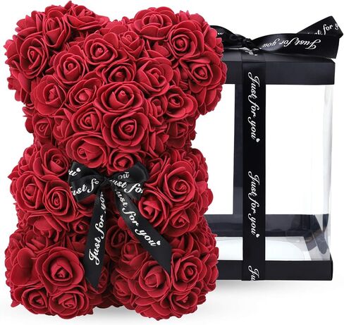 LINKLO Valentines Day Gifts for Her,Rose Bear Rose Teddy Bear -10 inch Artificial Rose Flower Bear, Gift for Valentines Day, Wedding, Mothers Day and Anniversary, Including Transparent Gift Box (Red) in Saudi Arabia