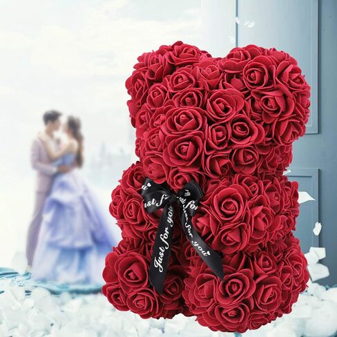 LINKLO Valentines Day Gifts for Her,Rose Bear Rose Teddy Bear -10 inch Artificial Rose Flower Bear, Gift for Valentines Day, Wedding, Mothers Day and Anniversary, Including Transparent Gift Box (Red) in Saudi Arabia