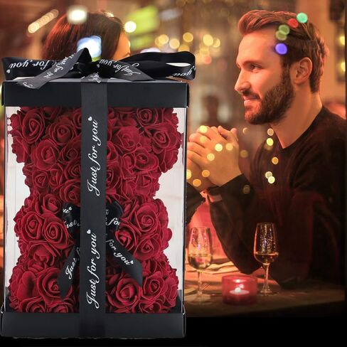 LINKLO Valentines Day Gifts for Her,Rose Bear Rose Teddy Bear -10 inch Artificial Rose Flower Bear, Gift for Valentines Day, Wedding, Mothers Day and Anniversary, Including Transparent Gift Box (Red) in Saudi Arabia