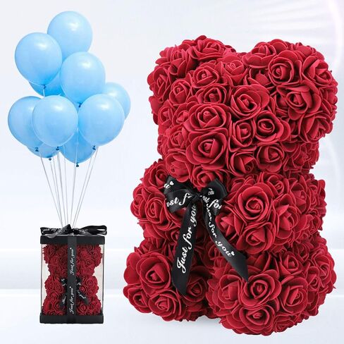 LINKLO Valentines Day Gifts for Her,Rose Bear Rose Teddy Bear -10 inch Artificial Rose Flower Bear, Gift for Valentines Day, Wedding, Mothers Day and Anniversary, Including Transparent Gift Box (Red) in Saudi Arabia