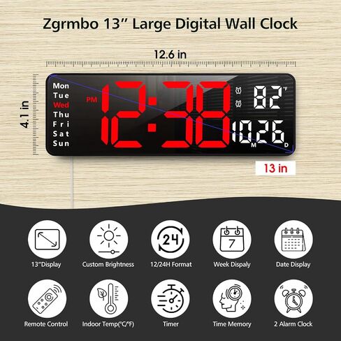 Zgrmbo 13" Digital Wall Clock with Remote Control, Large Digital Clock with Date, Week, Temperature, Alarm, Timer, Electric Wall Clock for Living Room, Bedroom, Decor, Gift for Elderly in Saudi Arabia
