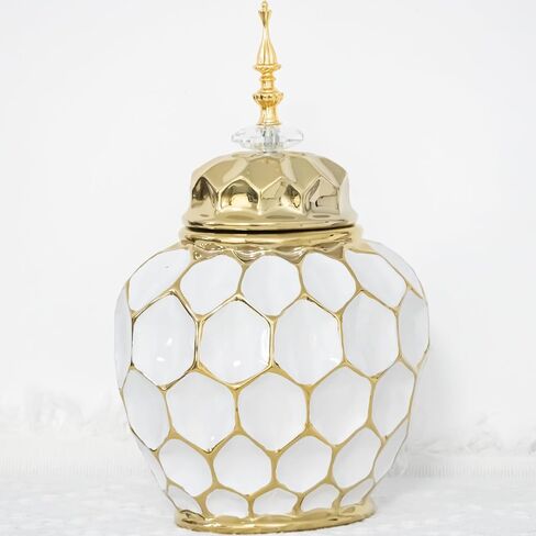 Decorative Ceramic Jar with Lid, Ginger Jar Design, Gold and White, (Large) in Saudi Arabia
