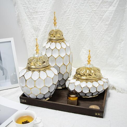 Decorative Ceramic Jar with Lid, Ginger Jar Design, Gold and White, (Large) in Saudi Arabia