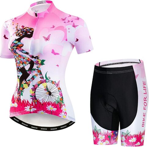 Women's Cycling Jersey Set Bike T-Shirt Reflective+5D Padded Shorts S-3XL in Kuwait