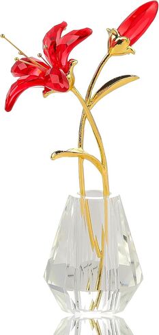 Crystal Pink Lily Flower Figurines Collectibles with Crystal Vase Gifts for Women Friends, Crystal Pink Flower with Gold Metal Stem Paperweights Decoration for Home Wedding Party Decor in Kuwait