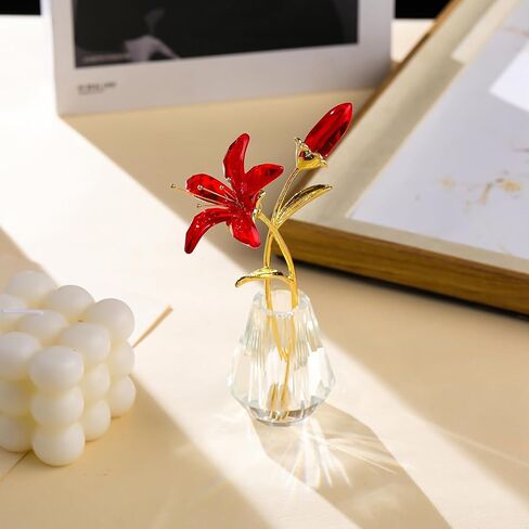 Crystal Pink Lily Flower Figurines Collectibles with Crystal Vase Gifts for Women Friends, Crystal Pink Flower with Gold Metal Stem Paperweights Decoration for Home Wedding Party Decor in Kuwait