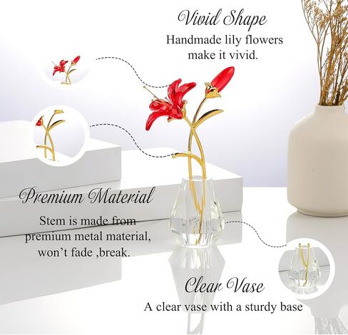 Crystal Pink Lily Flower Figurines Collectibles with Crystal Vase Gifts for Women Friends, Crystal Pink Flower with Gold Metal Stem Paperweights Decoration for Home Wedding Party Decor in Kuwait