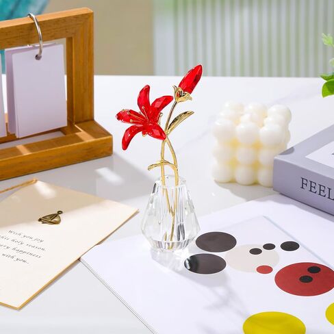 Crystal Pink Lily Flower Figurines Collectibles with Crystal Vase Gifts for Women Friends, Crystal Pink Flower with Gold Metal Stem Paperweights Decoration for Home Wedding Party Decor in Kuwait