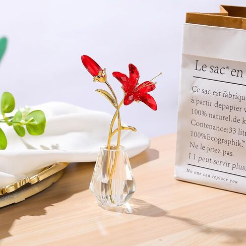 Crystal Pink Lily Flower Figurines Collectibles with Crystal Vase Gifts for Women Friends, Crystal Pink Flower with Gold Metal Stem Paperweights Decoration for Home Wedding Party Decor in Kuwait