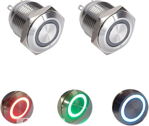 16mm Momentary Tri-Color (RGB) Push Button Switch, 12V Ring LED Illuminated, Aluminium Shell Water Proof(Pack of 2) (Black) in Saudi Arabia