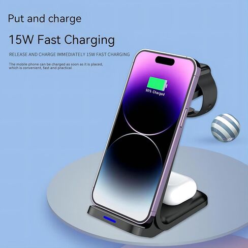Wireless Charger for Samsung Phones,3 in 1 Wireless Charger for Mobile Phones Watches and Airpods,Simply Put Down The Device to Quickly Charge（Black） in Saudi Arabia