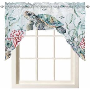 Watercolor Turtle Swag Kitchen Curtain Sets with Valance, 3 Pieces Rod Pocket Curtain Drapes for Bedroom Bathroom Cafe Windows, Coastal Coral Seaweed Vintage Blue 56''x36'' & 36''x27.5''x2Panels